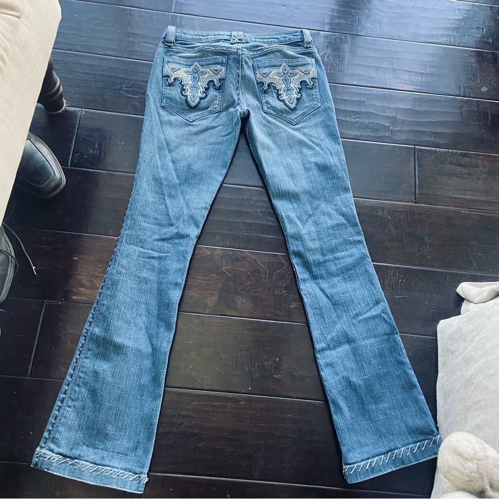 Antik Denim Distressed Embroidered Bohemian Flare Jeans Women's Size 28 - Picture 4 of 14